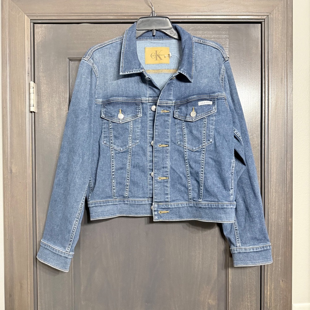 Calvin Klein Womens Medium Wash Denim Trucker Jacket Blue Size L